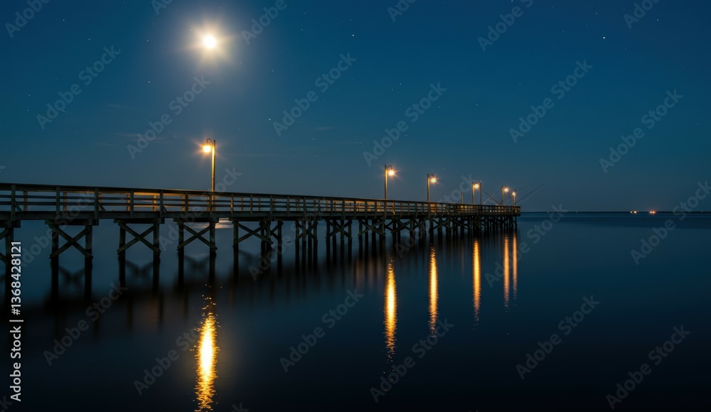 Fototapeta premium Pier at night with moonlight and reflections on water demonstrating calm and tranquility.
