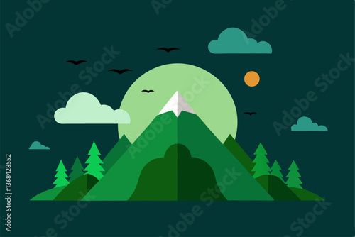 beautiful landscape vector illustration of mountains, forests, fields and meadows. Stunning panoramic farm landscape with mountains in the background. Natural landscape