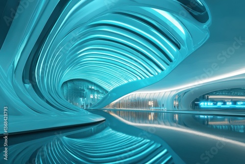 Futuristic Interior Design with Flowing Shapes and Soft Blue Lighting