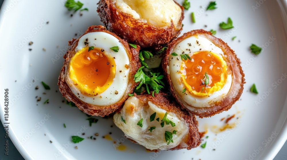 An eye-catching display of scotch eggs on a plate, revealing a rich yolk and creative garnishing, representing a beautiful combination of flavors and artistic cuisine. An eye-catching display of scotch eggs on a plate, revealing a rich yolk and creative garnishing, representing a beautiful combination of flavors and artistic cuisine.