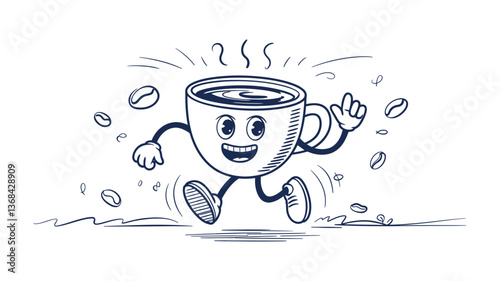 Energetic Coffee Cup: A lively cartoon coffee cup character is captured in a dynamic running pose, radiating joy and enthusiasm, beans floating around.
