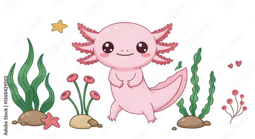 Cute cartoon axolotl isolated on a transparent background Cute cartoon axolotl isolated on a transparent background
