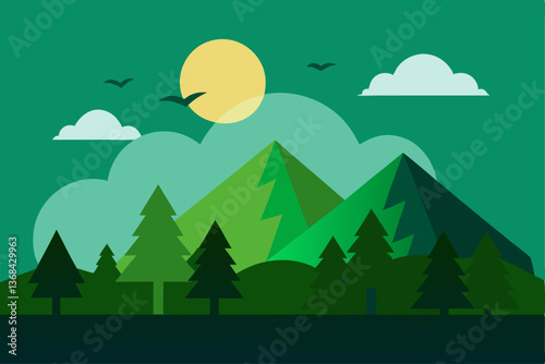 beautiful landscape vector illustration of mountains, forests, fields and meadows. Stunning panoramic farm landscape with mountains in the background. Natural landscape