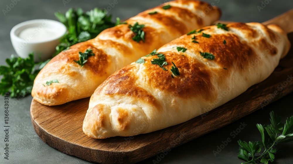 A beautifully baked calzone featuring a golden brown crust and fresh parsley garnish, perfect for serving as a delightful meal or snack during any gathering. A beautifully baked calzone featuring a golden brown crust and fresh parsley garnish, perfect for serving as a delightful meal or snack during any gathering.