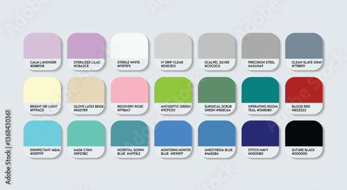 Surgeon Color Guide Palette with Color Names. Catalog Sample of Surgeon doctor with RGB HEX codes and Names. medicine sector Color Palette, plastic, metal, Strong stone, Fashion Trend Color Palette