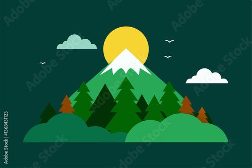 beautiful landscape vector illustration of mountains, forests, fields and meadows. Stunning panoramic farm landscape with mountains in the background. Natural landscape