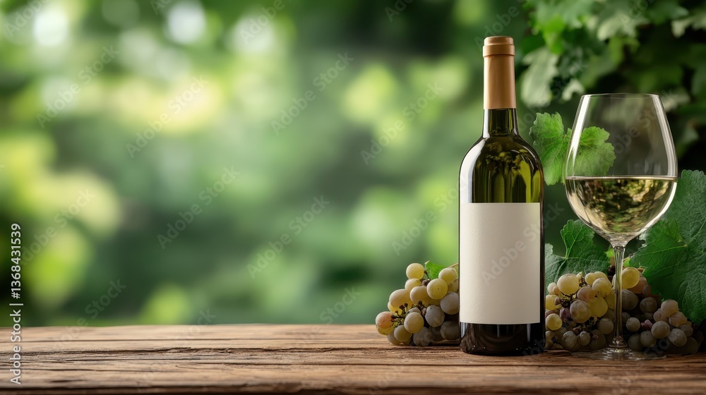 Obraz premium This beautiful composition showcases a label-free white wine bottle accompanied by fresh grapes, creating a delightful pairing on a rustic wooden surface with greenery in the background.