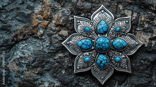 Detailed ornate silver flower brooch with turquoise stones photo