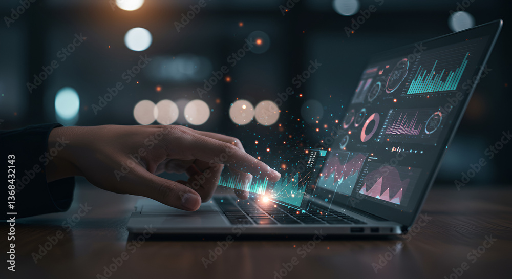 Person Using Laptop with Data Visualization Displayed on Screen and Bokeh Lights in the Background Person Using Laptop with Data Visualization Displayed on Screen and Bokeh Lights in the Background