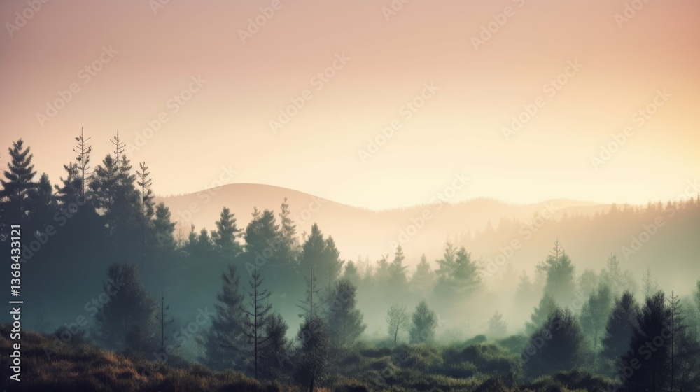 Fototapeta premium Misty forest landscape at dawn with soft colors.
