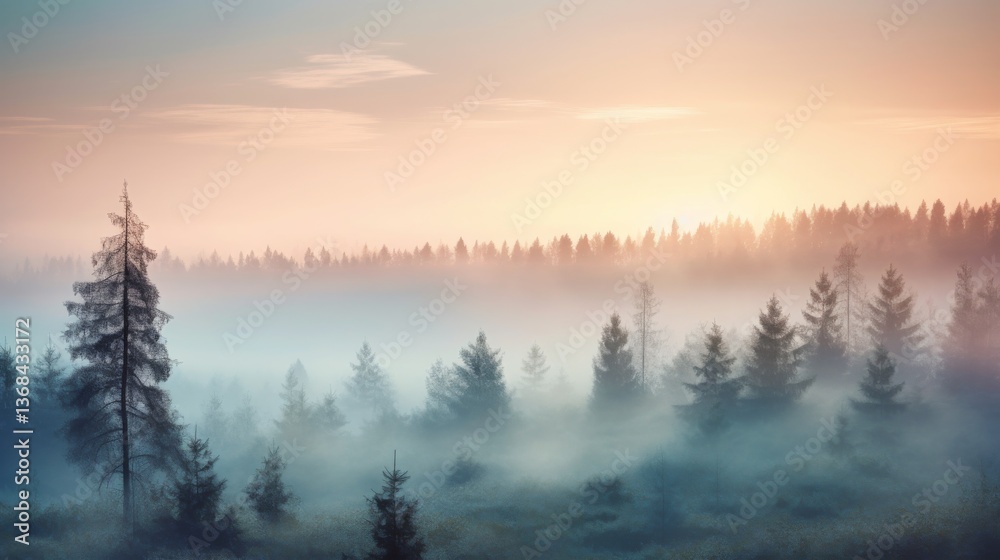 Misty forest landscape at sunrise Misty forest landscape at sunrise