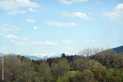 Beautiful countryside landscape with alpine forests and high mountains with snow caps far away under blue sky with clouds on bright sunny day