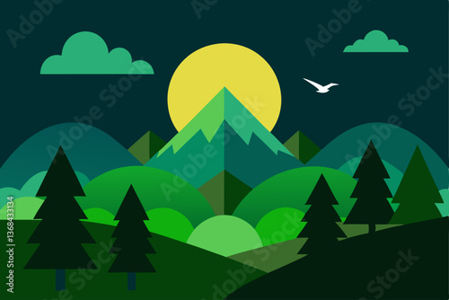 beautiful landscape vector illustration of mountains, forests, fields and meadows. Stunning panoramic farm landscape with mountains in the background. Natural landscape