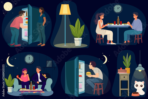 Vector set of night eating illustrations in EPS format. People enjoying late-night snacks in various scenarios. Ideal for food-related designs, lifestyle blogs, or social media.