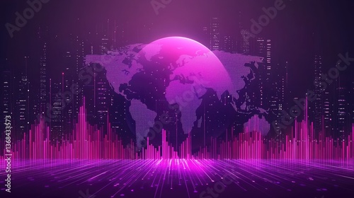 Futuristic Global Technology Visualization with Pink Globe and Data Analysis Background