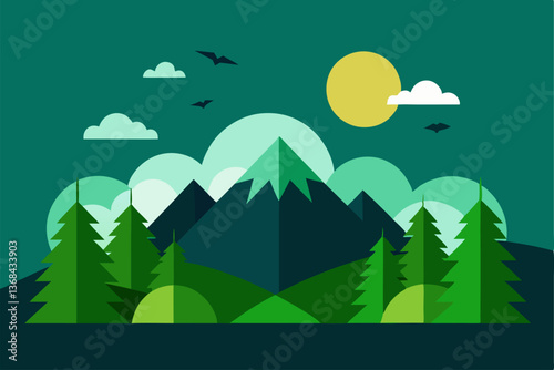 beautiful landscape vector illustration of mountains, forests, fields and meadows. Stunning panoramic farm landscape with mountains in the background. Natural landscape
