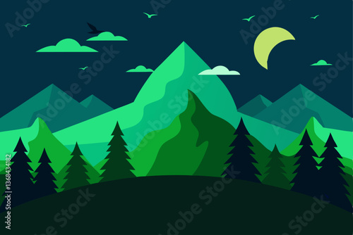 beautiful landscape vector illustration of mountains, forests, fields and meadows. Stunning panoramic farm landscape with mountains in the background. Natural landscape