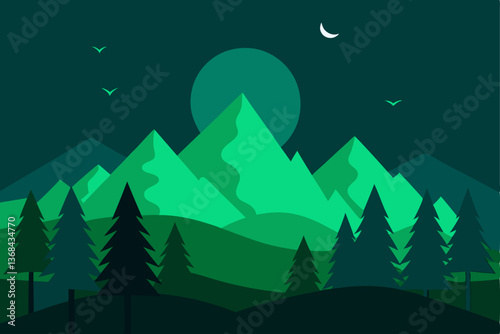 beautiful landscape vector illustration of mountains, forests, fields and meadows. Stunning panoramic farm landscape with mountains in the background. Natural landscape