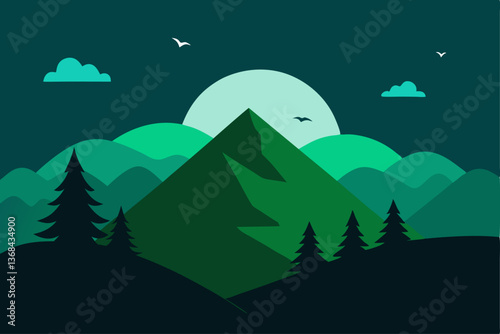beautiful landscape vector illustration of mountains, forests, fields and meadows. Stunning panoramic farm landscape with mountains in the background. Natural landscape