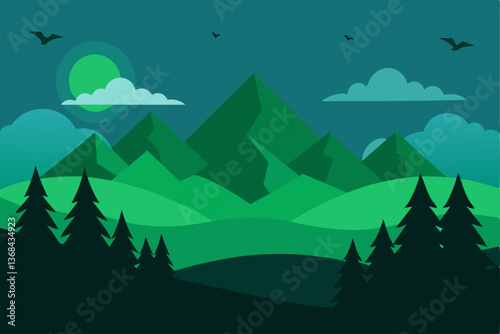 beautiful landscape vector illustration of mountains, forests, fields and meadows. Stunning panoramic farm landscape with mountains in the background. Natural landscape