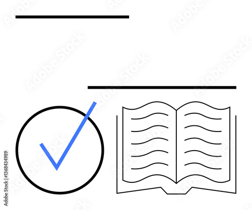 Open book with wavy lines next to a blue checkmark in a circle. Ideal for learning, approval, education, certification, success, achievement, knowledge validation. Flat simple metaphor