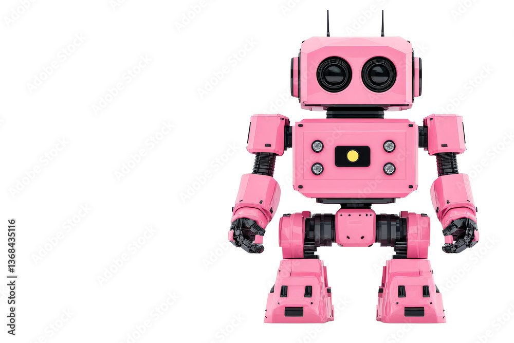 Naklejka premium Fun pink robot with antennas and camera eyes, cut out transparent