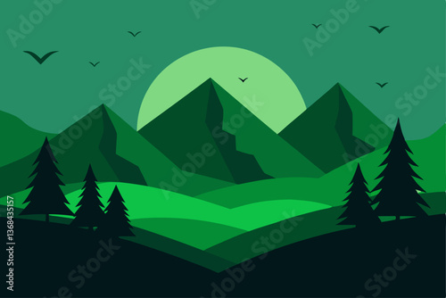 beautiful landscape vector illustration of mountains, forests, fields and meadows. Stunning panoramic farm landscape with mountains in the background. Natural landscape