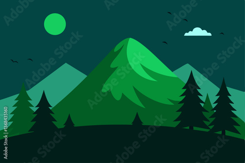 beautiful landscape vector illustration of mountains, forests, fields and meadows. Stunning panoramic farm landscape with mountains in the background. Natural landscape