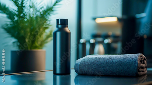 A modern, high-tech water bottle with smart tracking features placed beside a soft microfiber towel, highlighting premium gym accessories for fitness enthusiasts