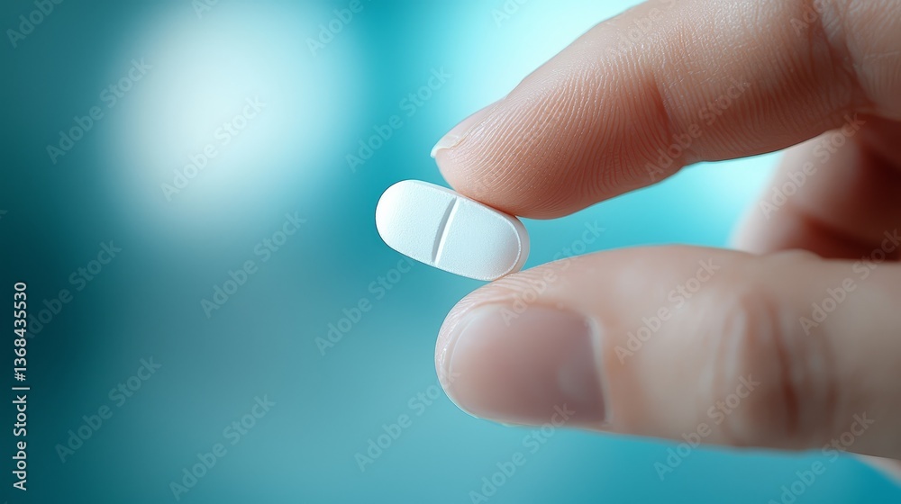 Hand holding a single pill, closeup view of medication and healthcare closeup Hand holding a single pill, closeup view of medication and healthcare closeup