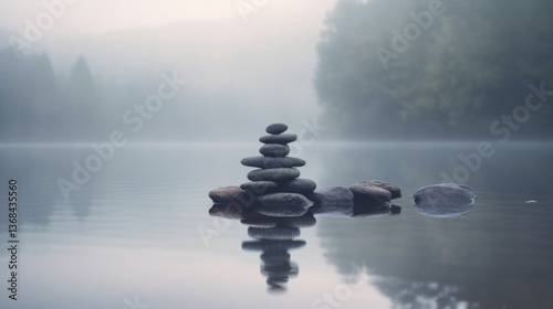 Serene stacked stones by calm water in fog.