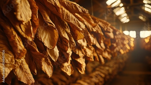 Dried tobacco leaves hanging in a warehouse