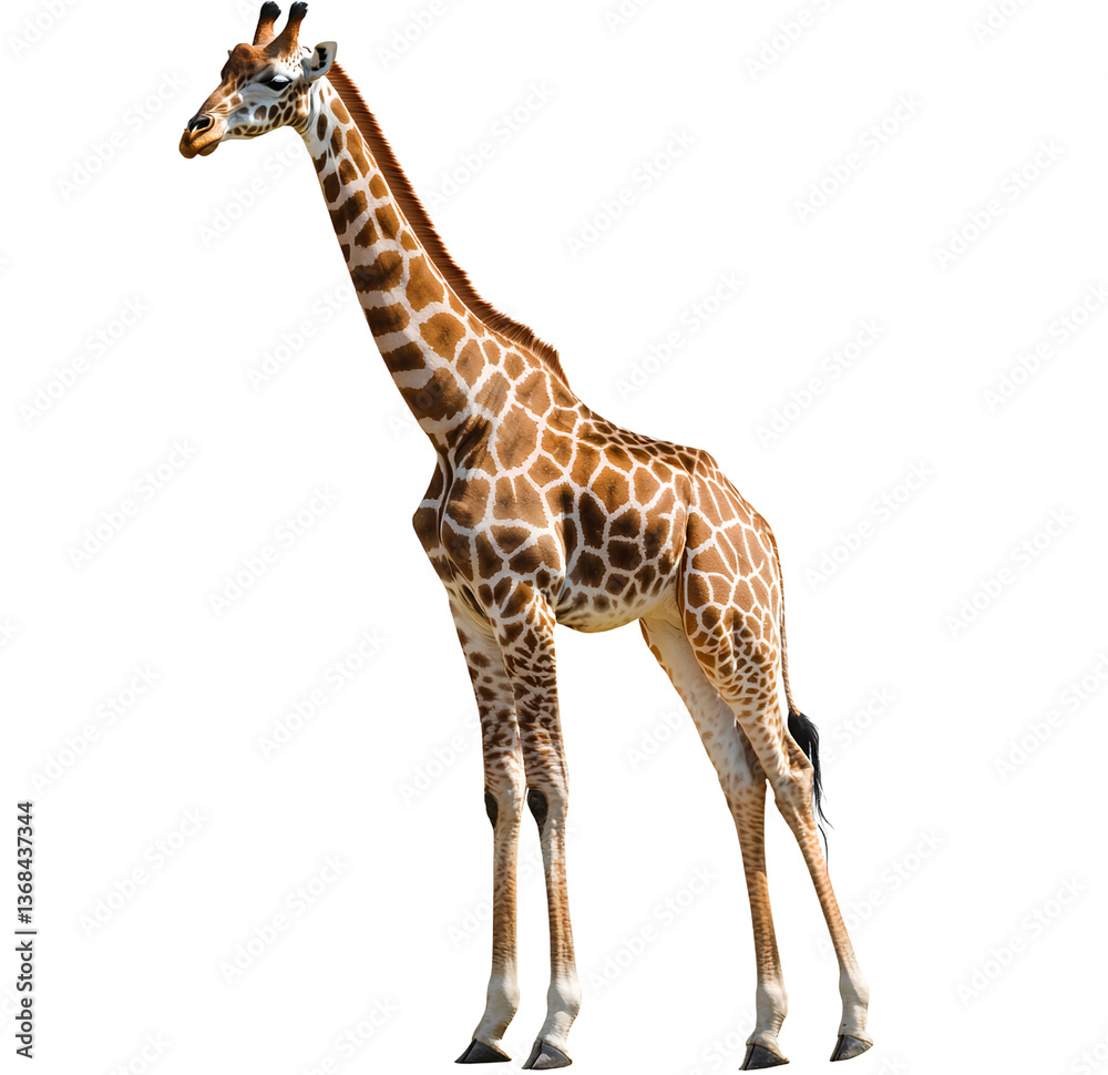 Obraz premium Giraffe standing on the ground, full body, transparent background PNG 