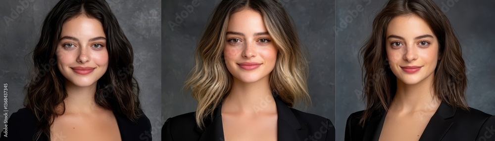 Naklejka premium Elegant woman in a black suit with long flowing hair, portrait of confidence and style