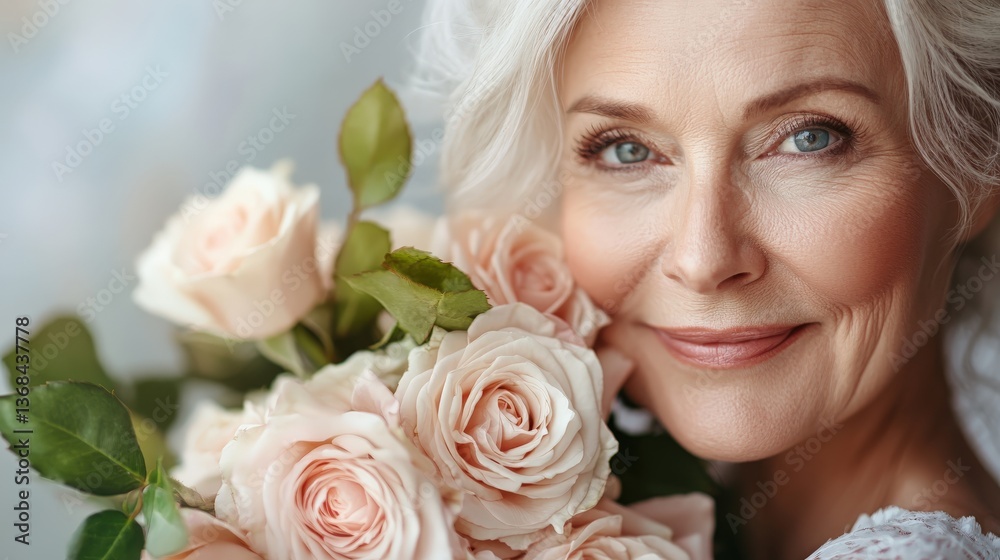 Naklejka premium An elegant woman holding roses smiling directly at the viewer