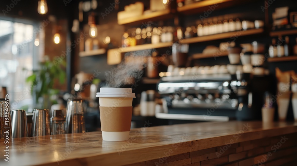 Inviting coffee cup resting on countertop in cozy coffee shop creating a welcoming and relaxing atmosphere Inviting coffee cup resting on countertop in cozy coffee shop creating a welcoming and relaxing atmosphere