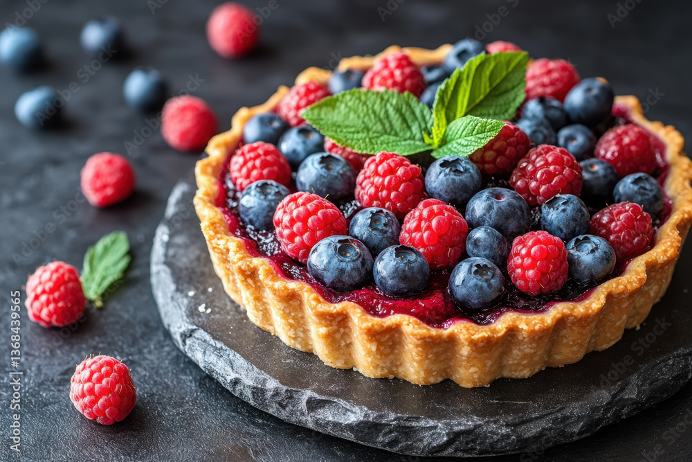 Tart topped with berries and mint leaves. Tart topped with berries and mint leaves.
