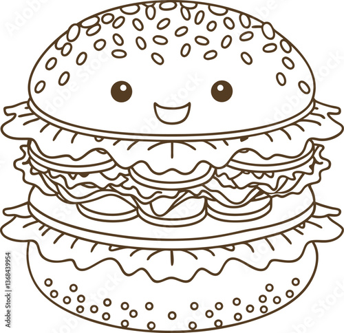 smiling burger with lettuce layers, sesame bun cute food illustration, simple line art design