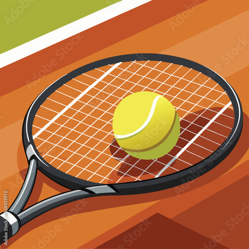 Illustration of tennis racket and ball with sports equipment on a court