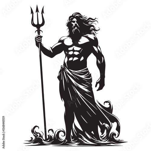 Thundering Poseidon silhouette, summoning the wrath of the deep - Poseidon illustration - Poseidon vector - Greek god silhouette

