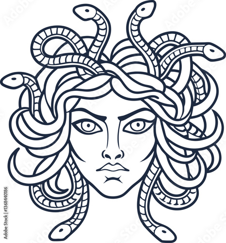 Medusa illustration with snake hair, mythological gorgon art