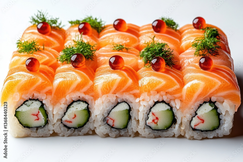 Roll of sushi served on a rectangular plate with pickled ginger and wasabi, chopsticks resting on a white cloth background. Roll of sushi served on a rectangular plate with pickled ginger and wasabi, chopsticks resting on a white cloth background.