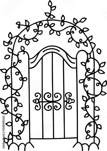 Ornate garden gate with twisting vines in elegant black and white line art