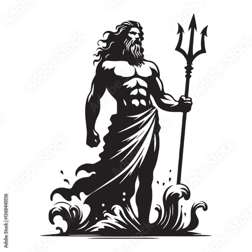 Commanding Poseidon silhouette, master of all marine creatures - Poseidon illustration - Poseidon vector - Greek god silhouette

