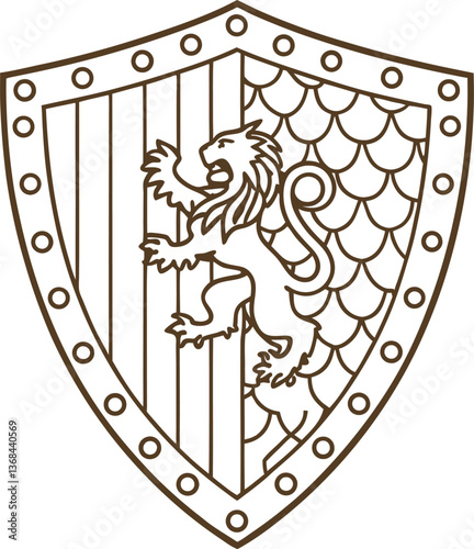 Heraldic shield with lion emblem, symbolizing strength and protection in medieval design