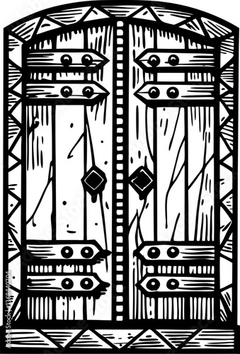 ornate wooden door design, intricate vintage pattern with geometric and diamond motifs