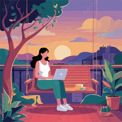 Evening Productivity  Woman Working on a Laptop by a Swing