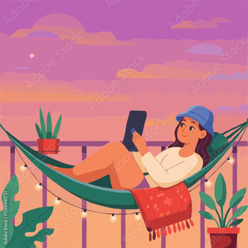 Evening Productivity  Woman Working on a Laptop by a Swing