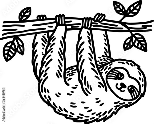 smiling sloth hanging from branch, intricate black and white illustration of a playful animal