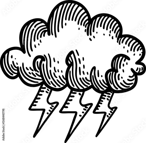 storm cloud with lightning bolts illustration dramatic weather concept, black and white sketch